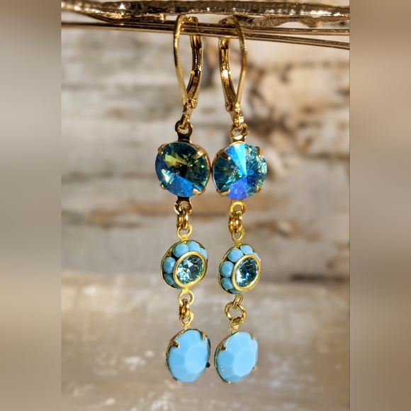 Turquoise Blue And Flower Swarovski Crystal In Drop Down Earrings - Picture 2 of 5